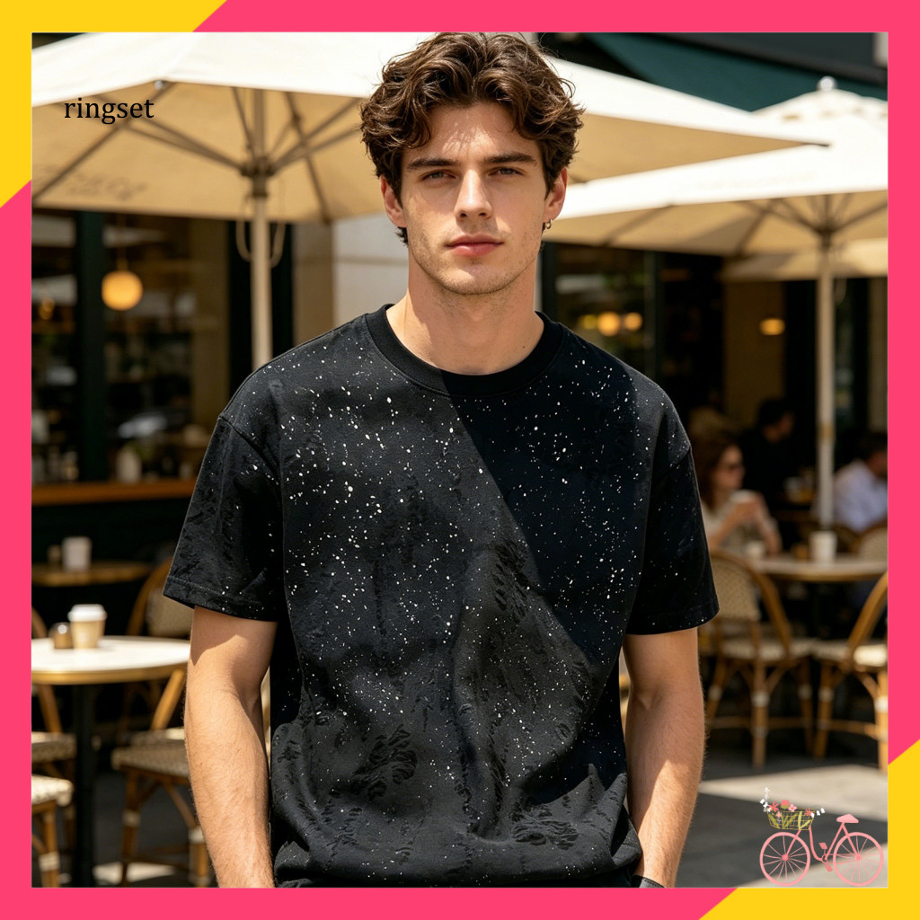 Men Summer Shirt Sparkling Embellishment Men's Stylish Shabby Loose Fit T-shirt Casual Tee for Party Holiday Streetwear