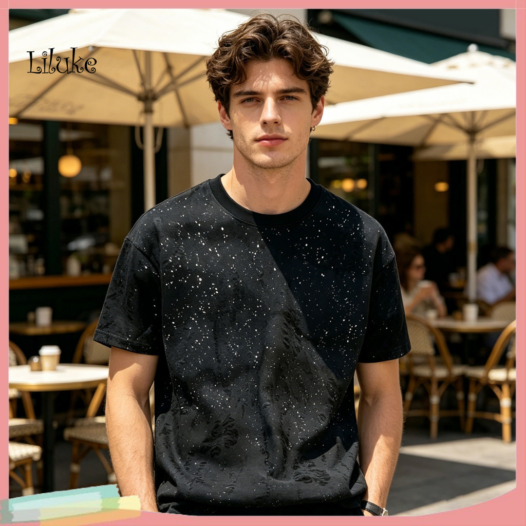 Lightweight Men T-shirt Sparkling Embellishment Shirt Men's Stylish Shabby Loose Fit Casual Summer Tee for Party Holiday
