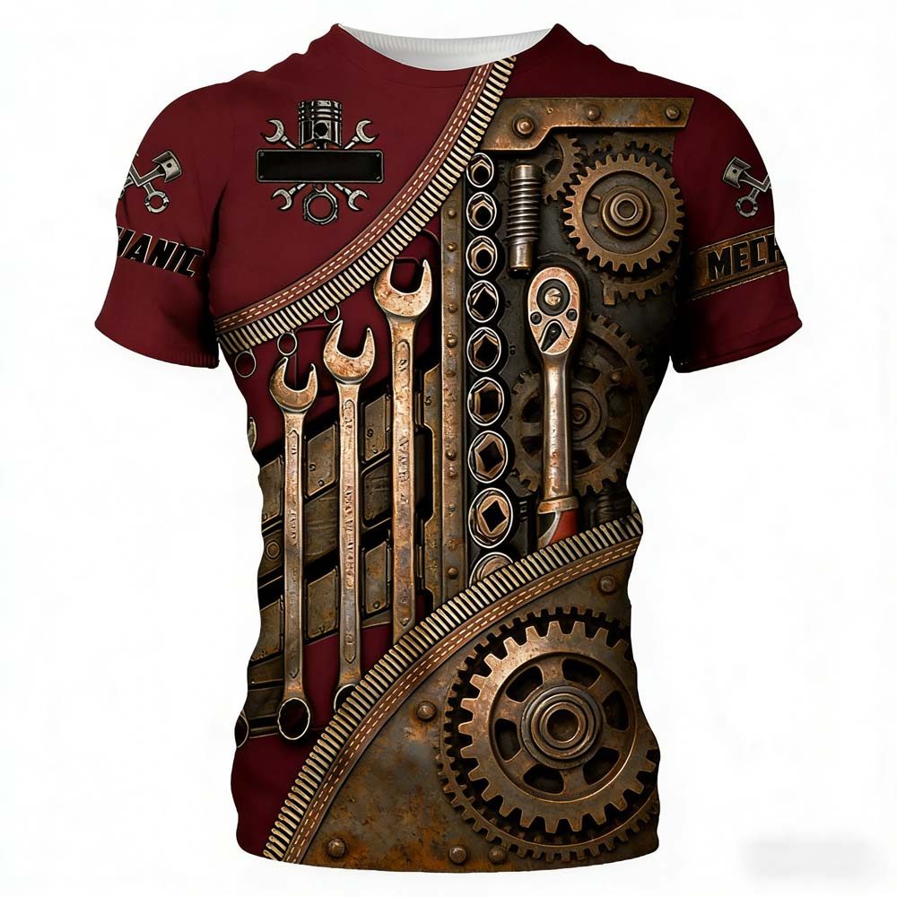 Mens 3D Mecânico Tools Gear Print Camiseta Streetwear Casual Manga Curta Top Masculino Moda Gráfica