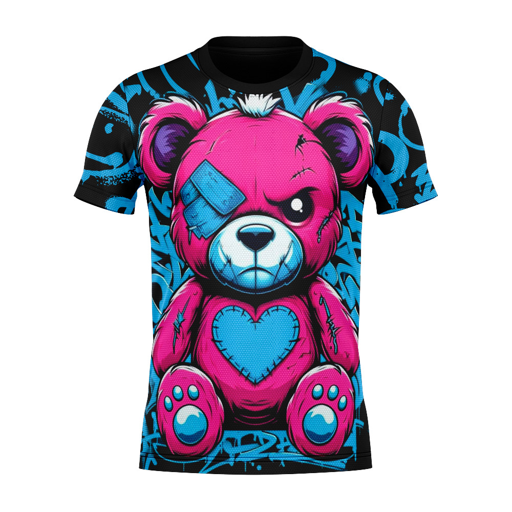 Camiseta Full Print 3D Urso Rosa Estilo Streetwear Grafite