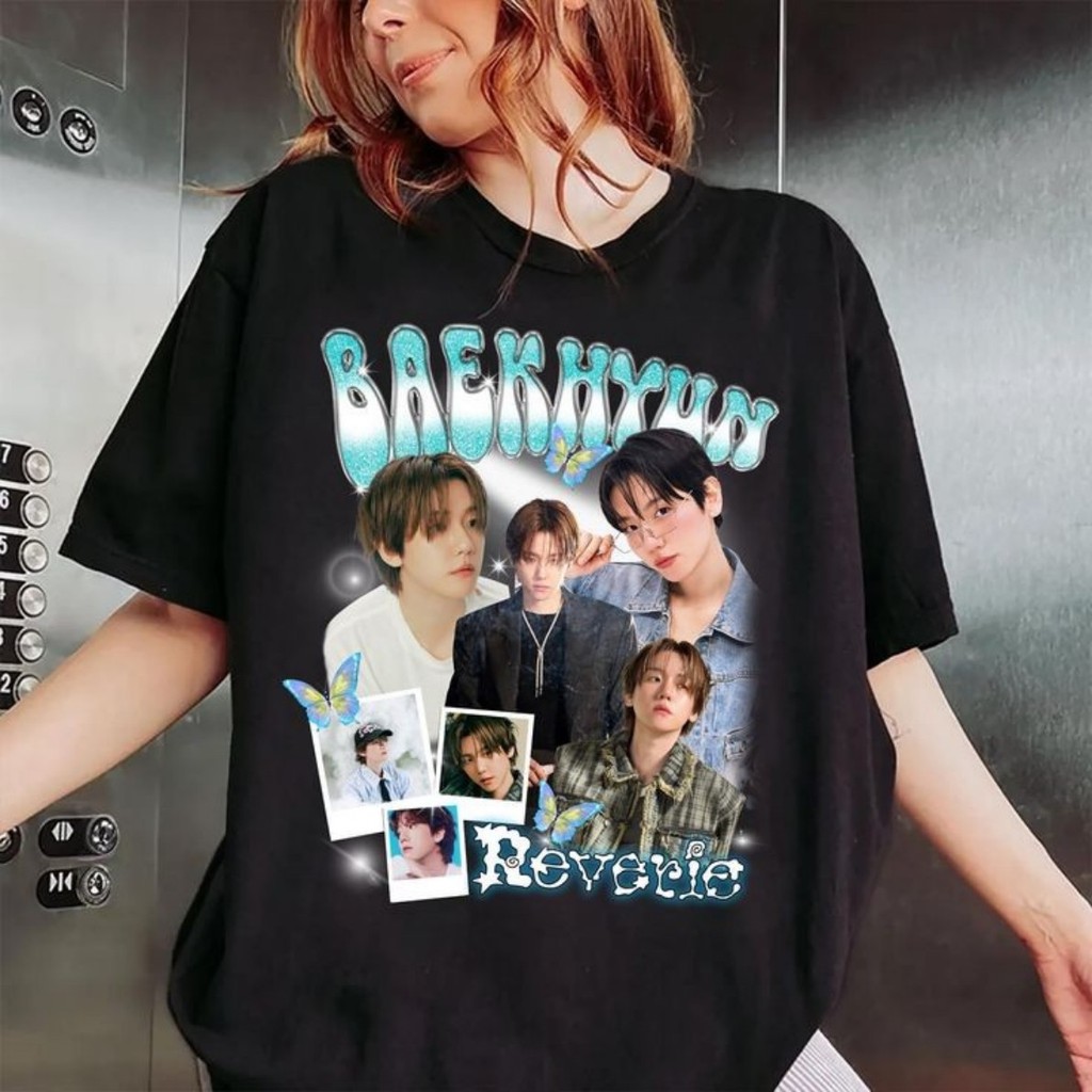 camiseta preta unissex oversized streetwear com print do Baekhyun estilo urbano T-shirt