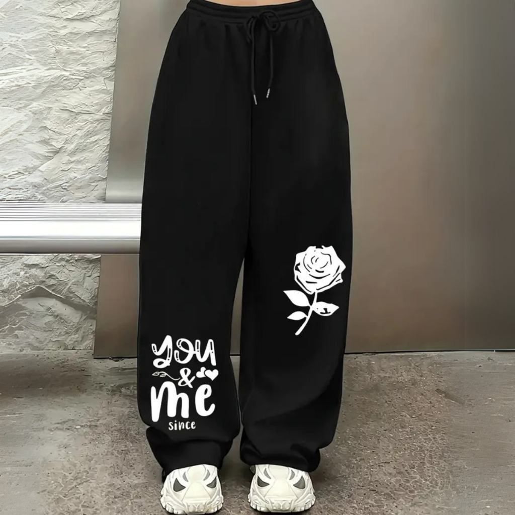 Calça Baggy  Rose Print Larga Moletom Japonesa Streetwear Urban Style