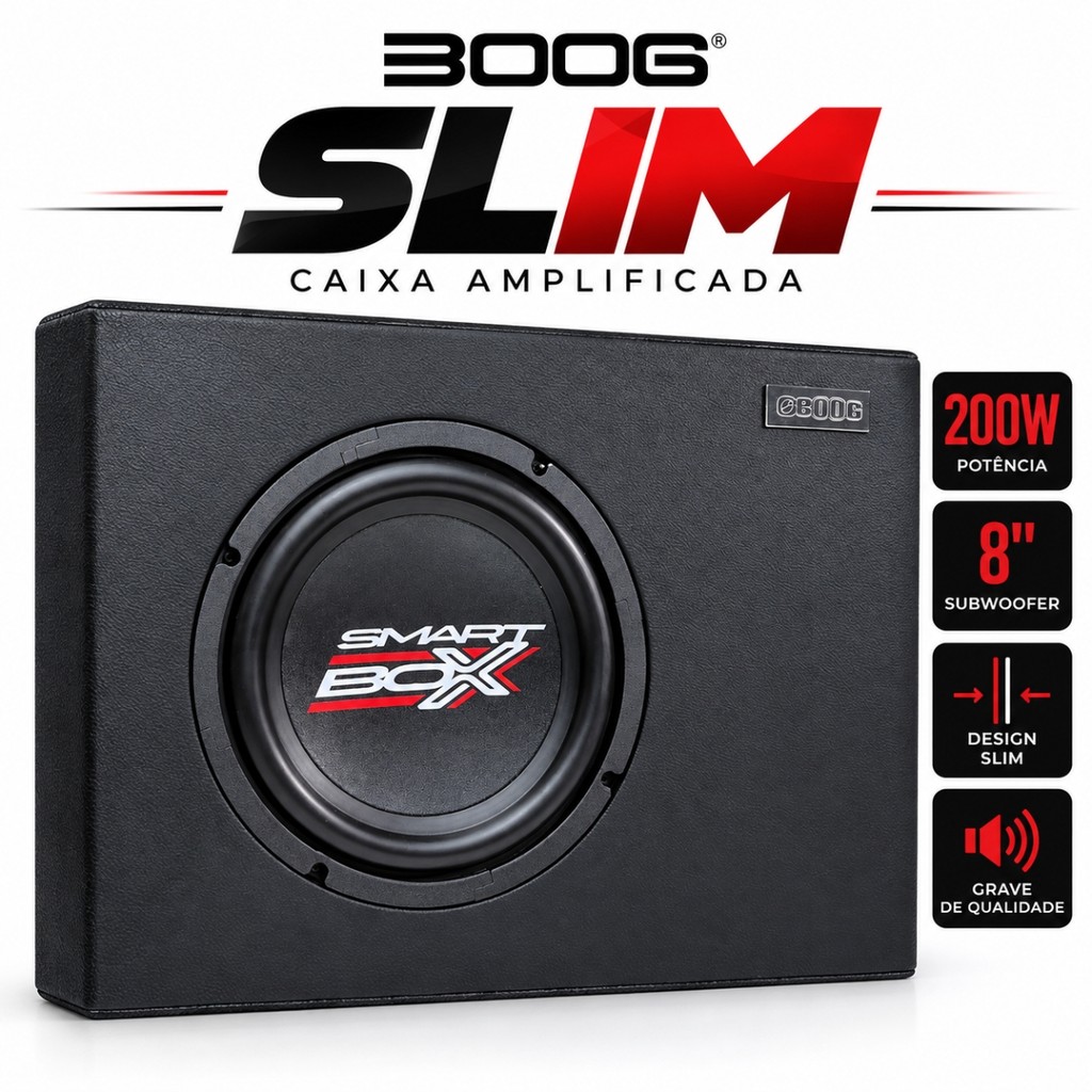 CAIXA AMPLIFICADA BOOG SMART BOX SLIM SUBWOOFER 8 POLEGADAS 200W RMS SOM AUTOMOTIVO