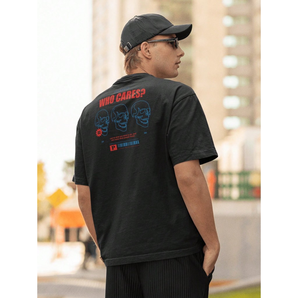 Camisa Camiseta Oversized Gola Alta Streetwear Masculino e Feminino 100% Algodão Preto e Off Whte Estampado- WHO CARES?