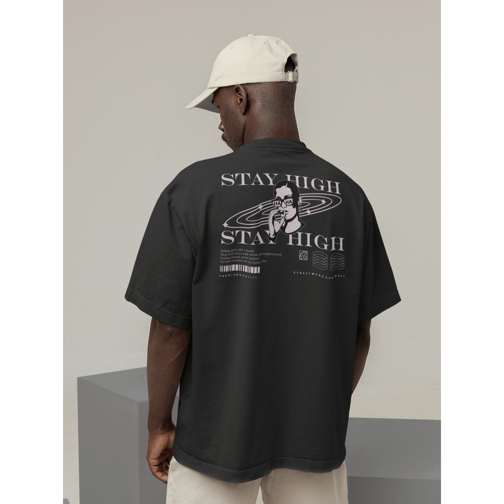 Camiseta Oversized Gola Alta Streetwear Masculino e Feminino 100% Algodão  Preto e Off Whte Estampado - STAY HIGH