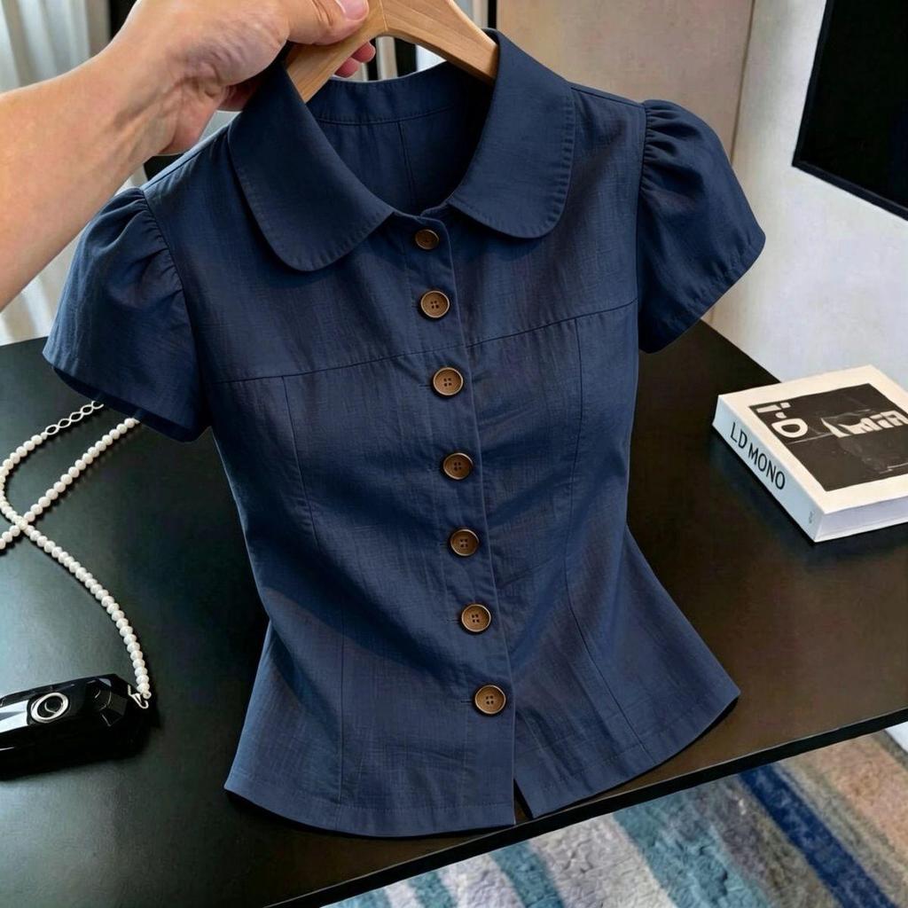 Camisa francesa gola boneca cintura estreita mais magro olhar topo Puff manga curta Multi-cor opcional verão nicho High-