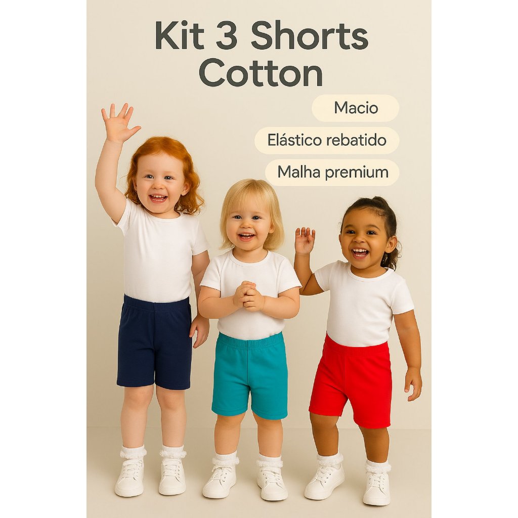 Kit 3 Shorts Ciclistas Infantil Meninas Algodão Cotton Liso Conforto Qualidade Cores Tamanhos 1 ao 4