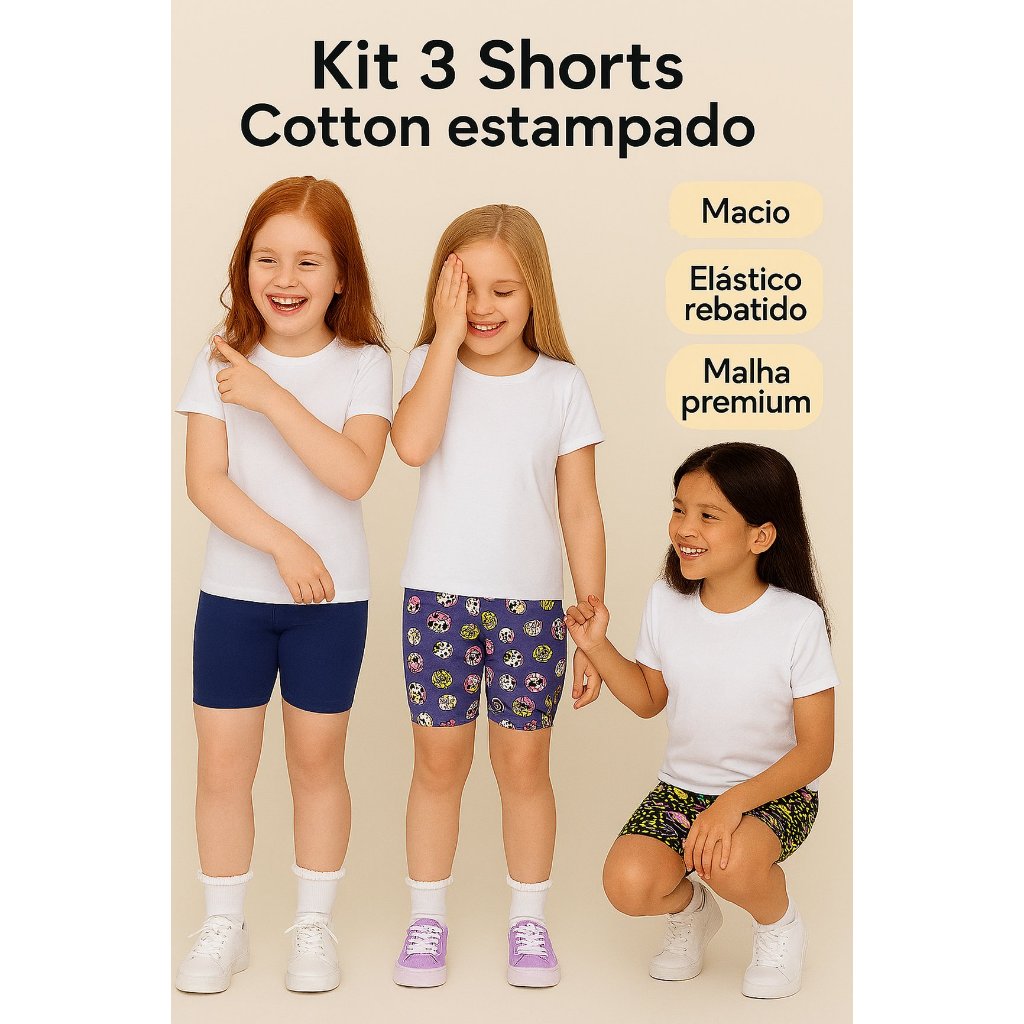 Kit 3 Shorts Ciclista Infantil Menina Cotton Algodão Conforto Qualidade Tamanhos 4 6 8 e 10 Sortidos