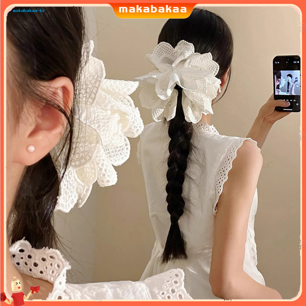 Hairpin Strong Clamping Force Flower Top with Multi-layered Lace and Imitation Pearls Shark Clip Ponytail Holder for Wom