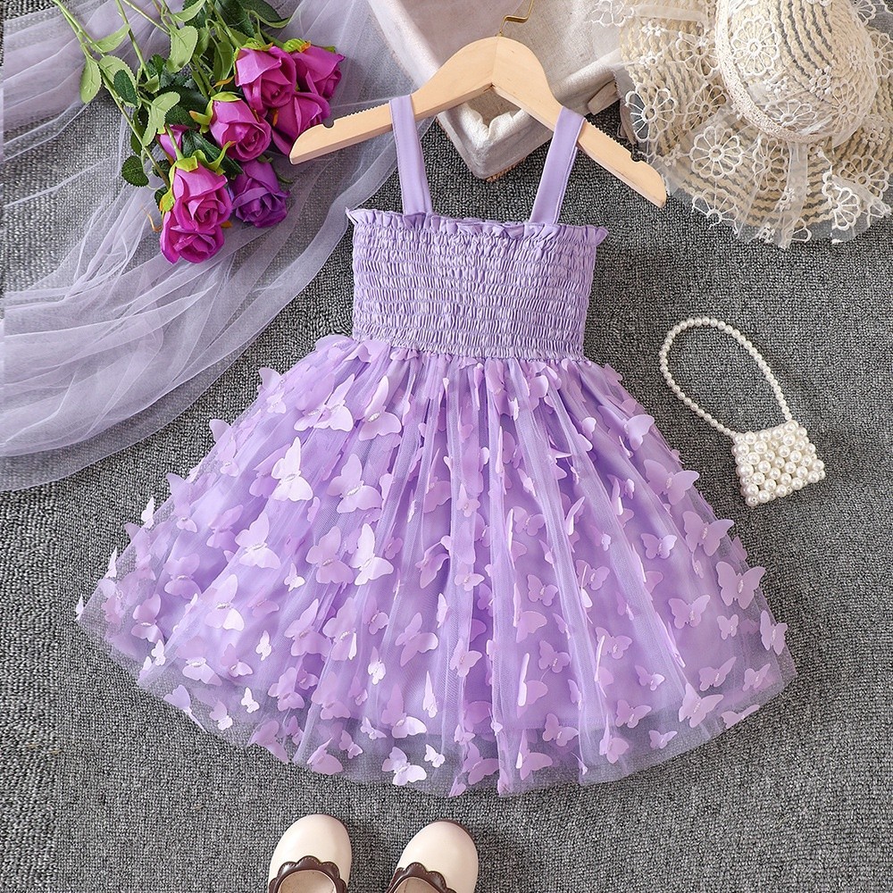 WFRVKids Girls Summer Holiday Beach Resort Vestido 3D Butterfly Sweet Series Sling Tulle Aniversário Menina Festa Casual