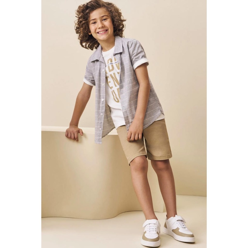 Trio de Camiseta em Malha Camisa em Tecido Cambraya Listrado e Bermuda em Sarja Stretch -LucBoo
