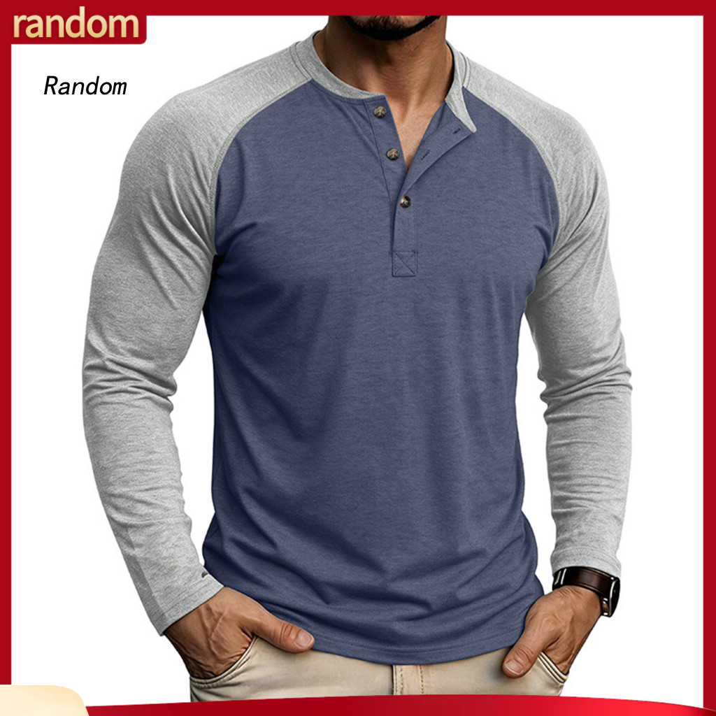Long Sleeve Casual Button Tops Soft Breathable Athletic Shirts Men's Raglan Color Block T-shirt Vintage Neck Basic Tee f