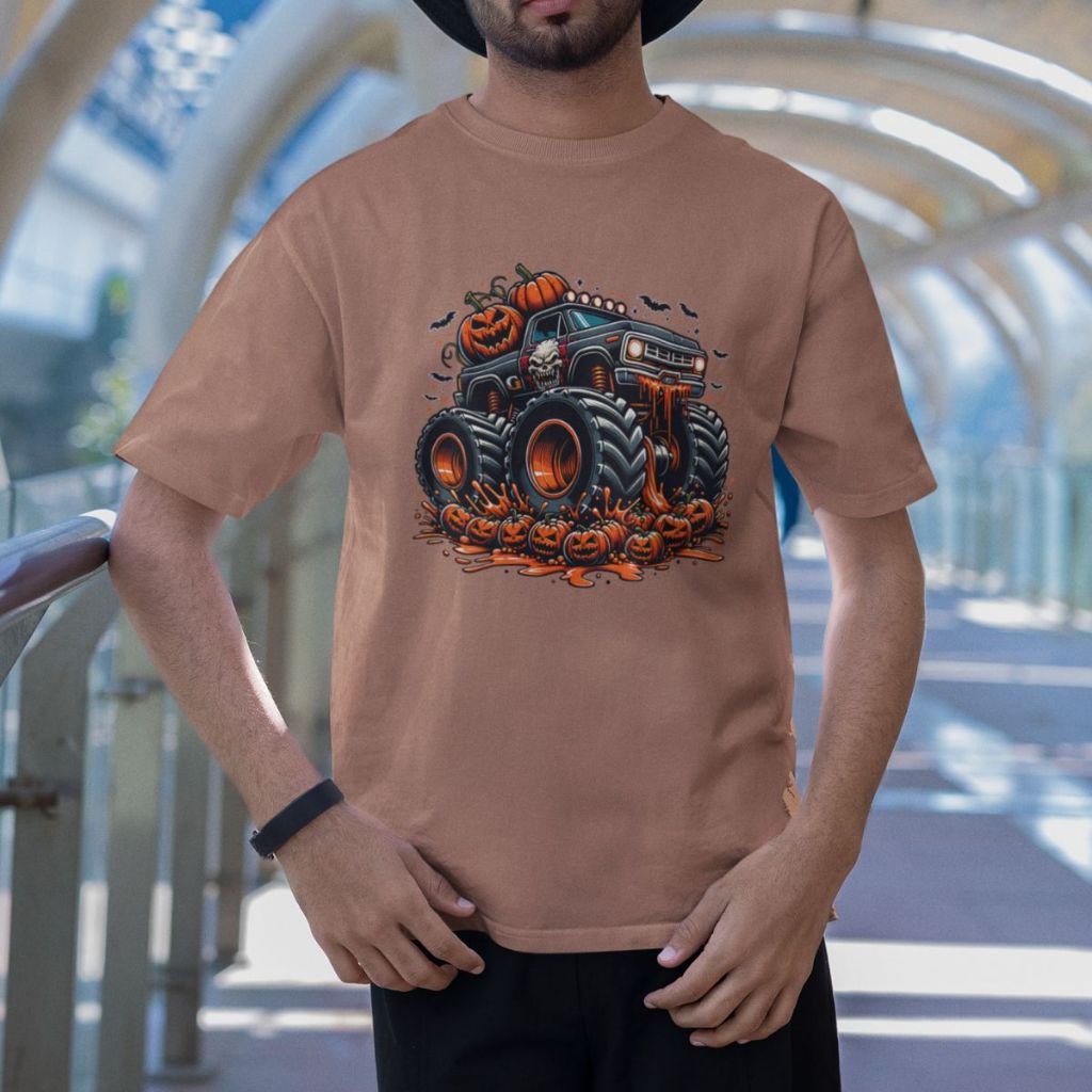 Camiseta Algodão Premium Masculina T-shirt Manga Curta Estampada Monster Car Halloween Plus Size
