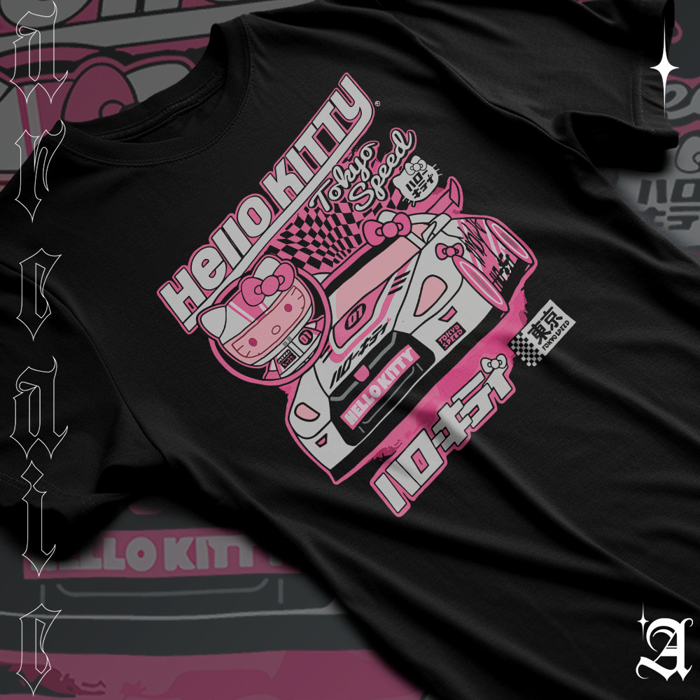 Camiseta Basica Algodao Hello Kitty Tokyo Speed Car Style Cute Color Pink Tee Unissex Adulto ao Plus Size TR