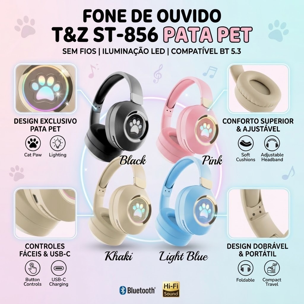 Fone de Ouvido Bluetooth Wireless Desenho PATA PET T&Z ST-856