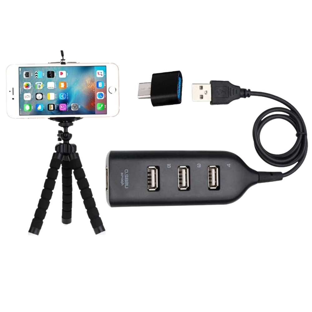 Conversor Celular Gamer Hub Usb 4 Portas + Adaptador Otg C + Suporte Tripé Kit Mobilador Pronto Pro Jogo