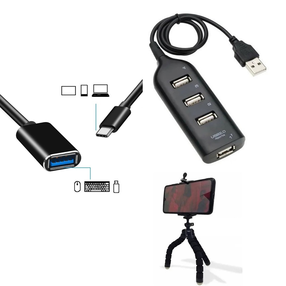 Celular Gamer Profissional Infantil Para Celular Hub Usb 4 Portas + Otg Tipo C + Tripé Adaptador Para Teclado Mouse Pen Drive