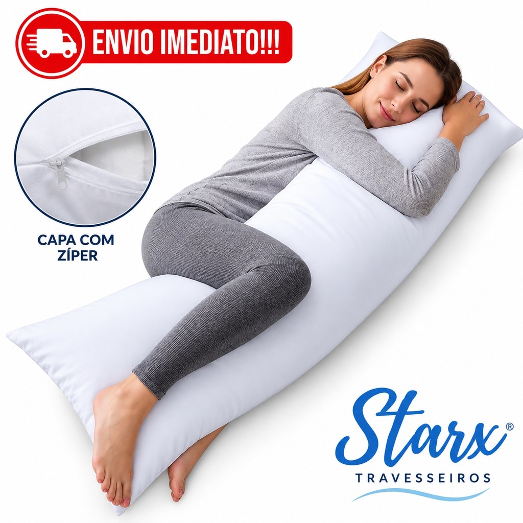Travesseiro de Corpo 1,30m x 40cm Extra Macio com Fronha Zíper Antialérgico