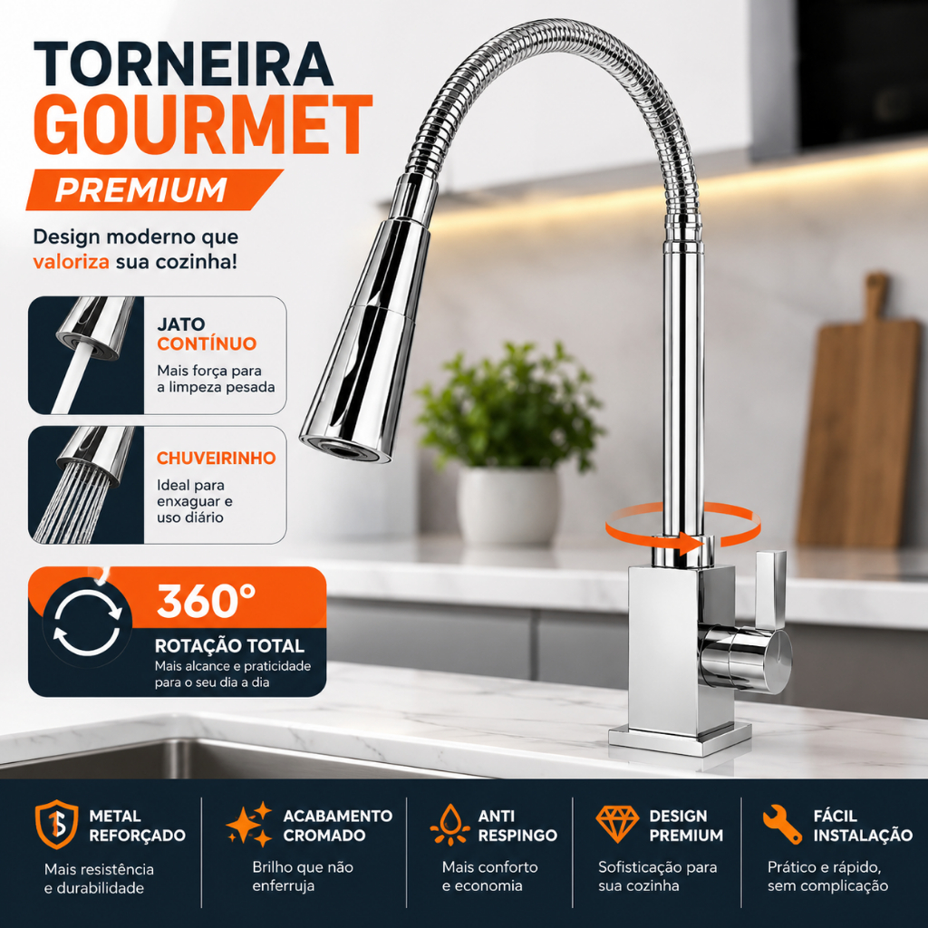 Torneira Gourmet Flexível Cromada Bancada Cone Quadrada 2 Jatos 360° Metal ABS Reforçado Cozinha Premium