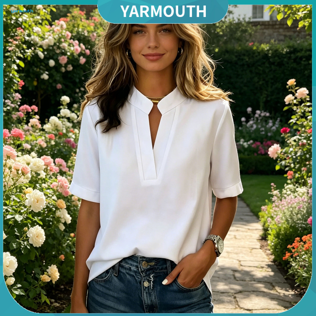 Women Lightweight Shirt Breathable Women’s V-neck Open Collar Short Sleeve Loose Fit Casual Summer Top Pure Color Vers
