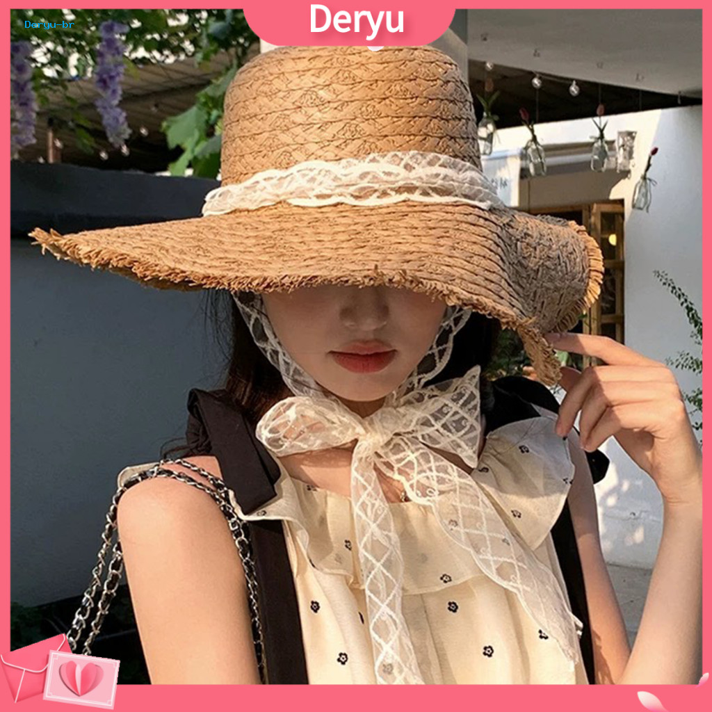 Breathable Summer Hat Women’s Beach Wide Brim Straw Sun with Lace Braided Strap Uv Protection Lightweight Outdoor for