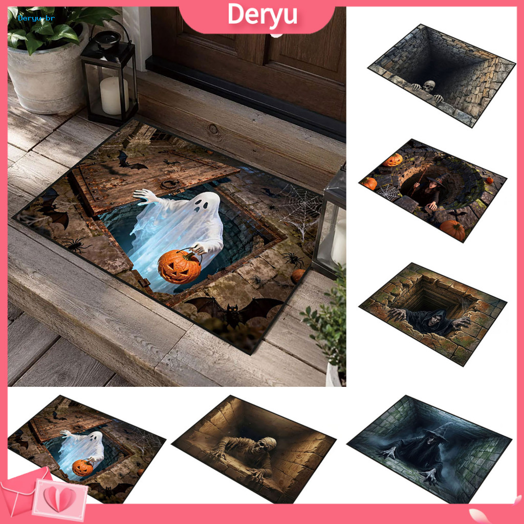 Themed Home Decor Halloween Doormat for Front Porch 3d Entrance Rug Spooky Skeleton Non-slip Absorbent Door Mat for Bath