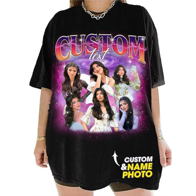 Camiseta Bootleg Streetwear Estilo Rua Com Nome e Fotos Blusa Estampada Personalize o Designer