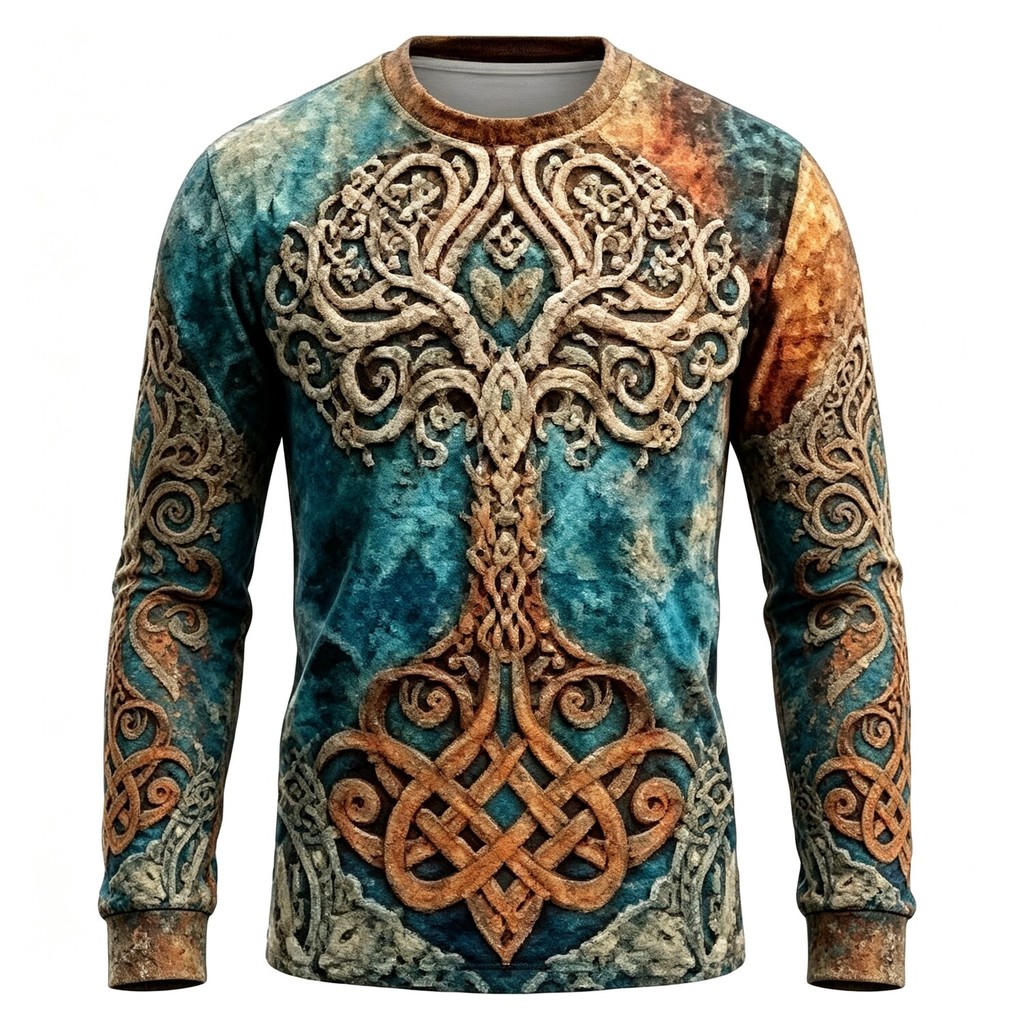 Camiseta Masculina De Manga Comprida 3D Viking Yggdrasil Tree Print Celtic Knot Vintage Crew Neck Tops