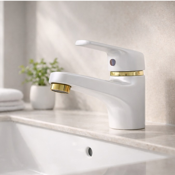 Torneira Monocomando de Bancada Quente e Frio Para Lavatório/Lavabo/Banheiro Branco e Dourado - Plumbing Products