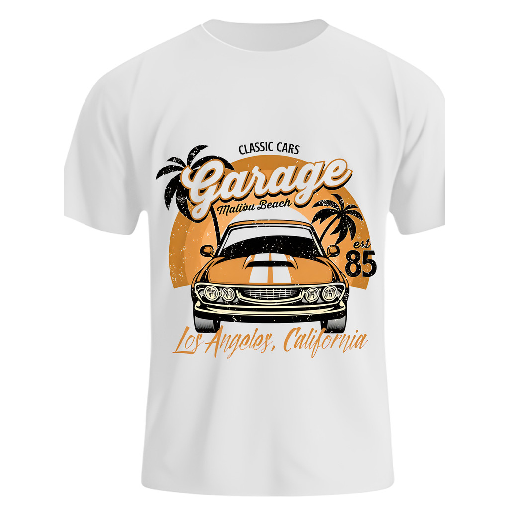 Camiseta Masculina Classic Cars Garage Malibu Beach Los Angeles California Streetwear 2025 Novo