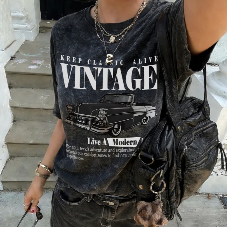 Camiseta Vintage Retro Estonada Casual Feminina Car Live A Modern Life Classic Carros