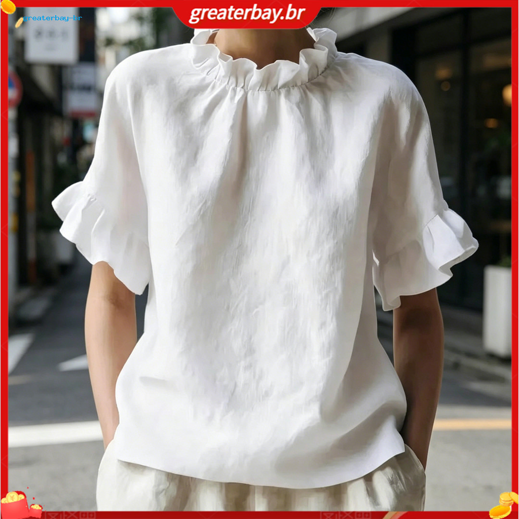 Women’s Summer Blouse Loose Fit Solid Color O-neck Short Sleeve Ruffle Pullover Top Casual Daily Wear Stylish and Comf