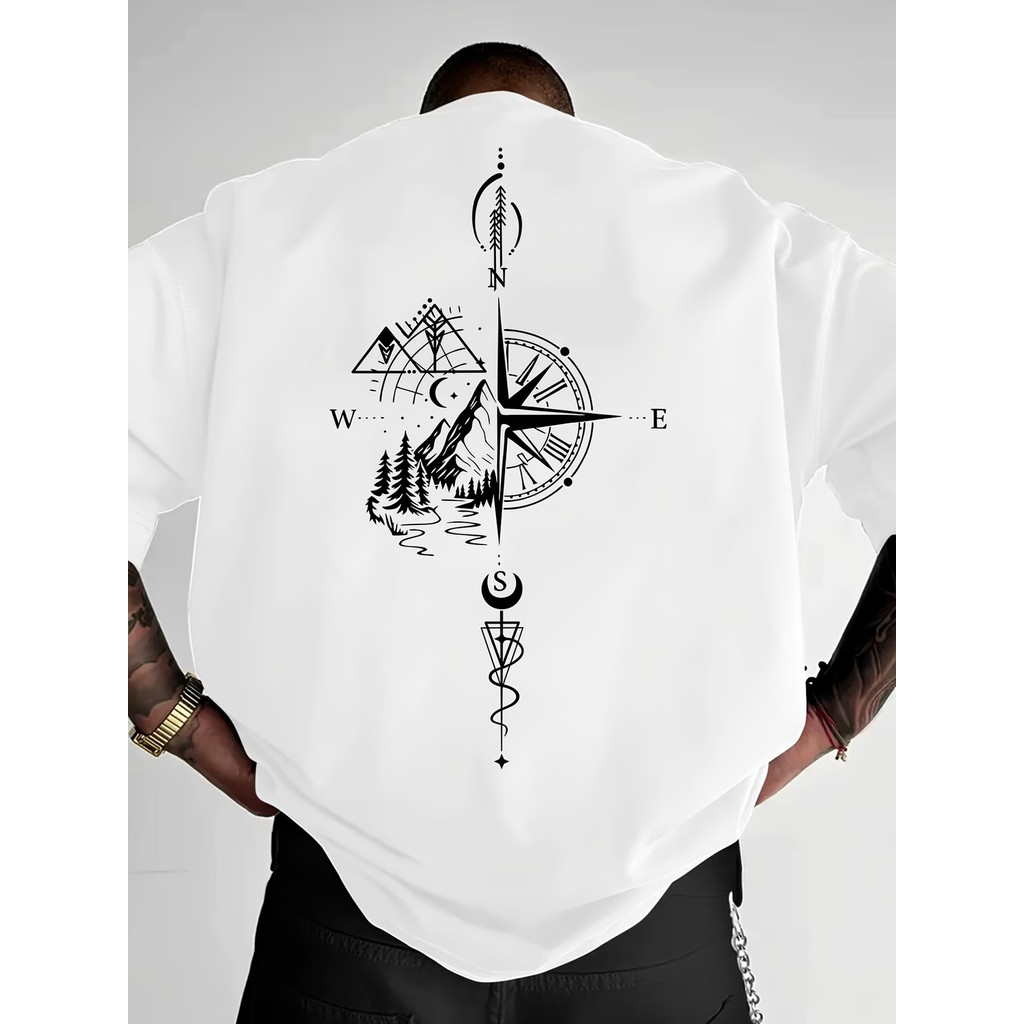 Camiseta Masculina Casual Compass Print Daily 100, Estampa Florestal, 100% Algodão, Frente e Verso