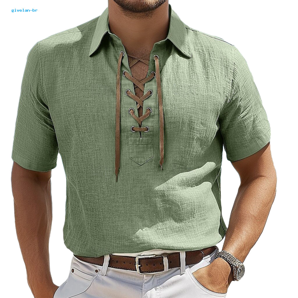 Casual and Comfortable Men T-shirt Solid Color Top Men's Summer V-neck Lace-up Short Sleeve Lapel Tee for Daily Wear Wor