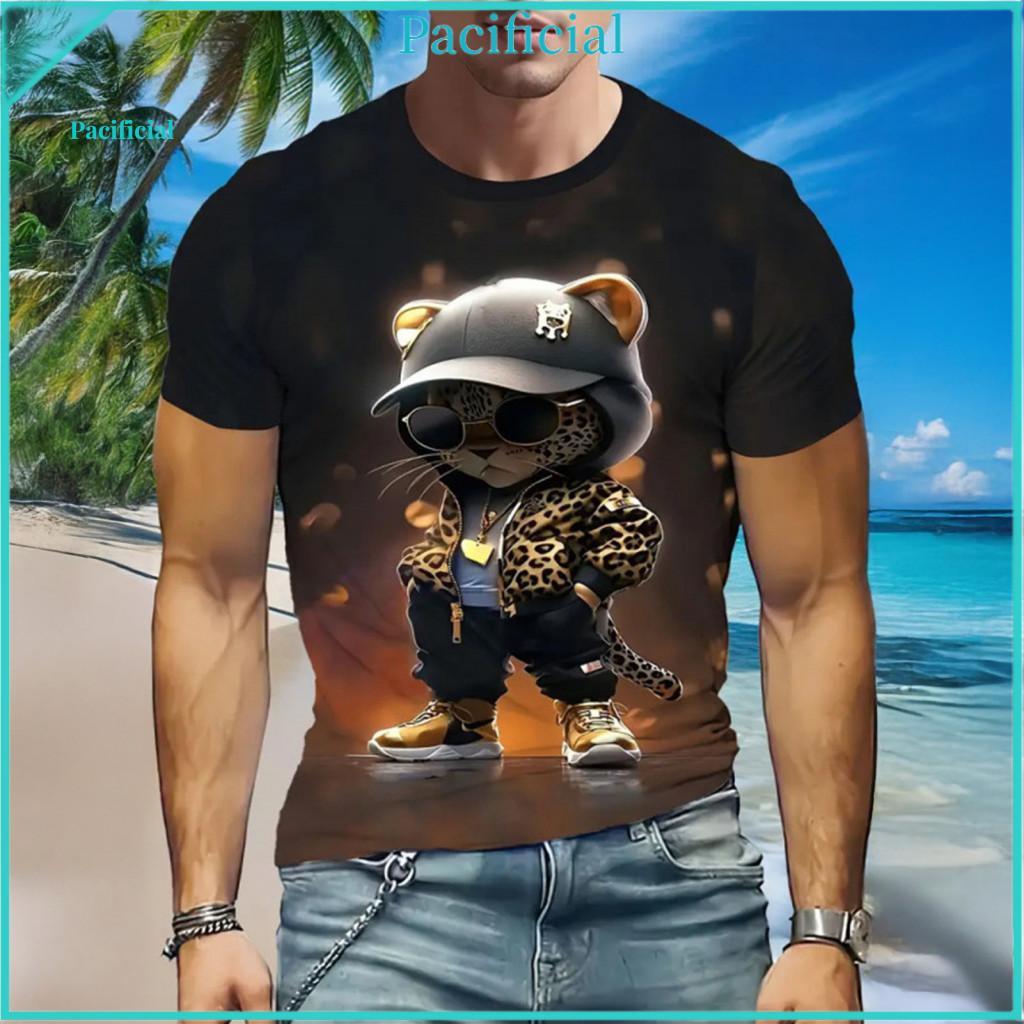 Summer Short Sleeve T-shirt Casual Tee Men's Cartoon Animal Print Round Neck for Daily Wear Street Style Party for South