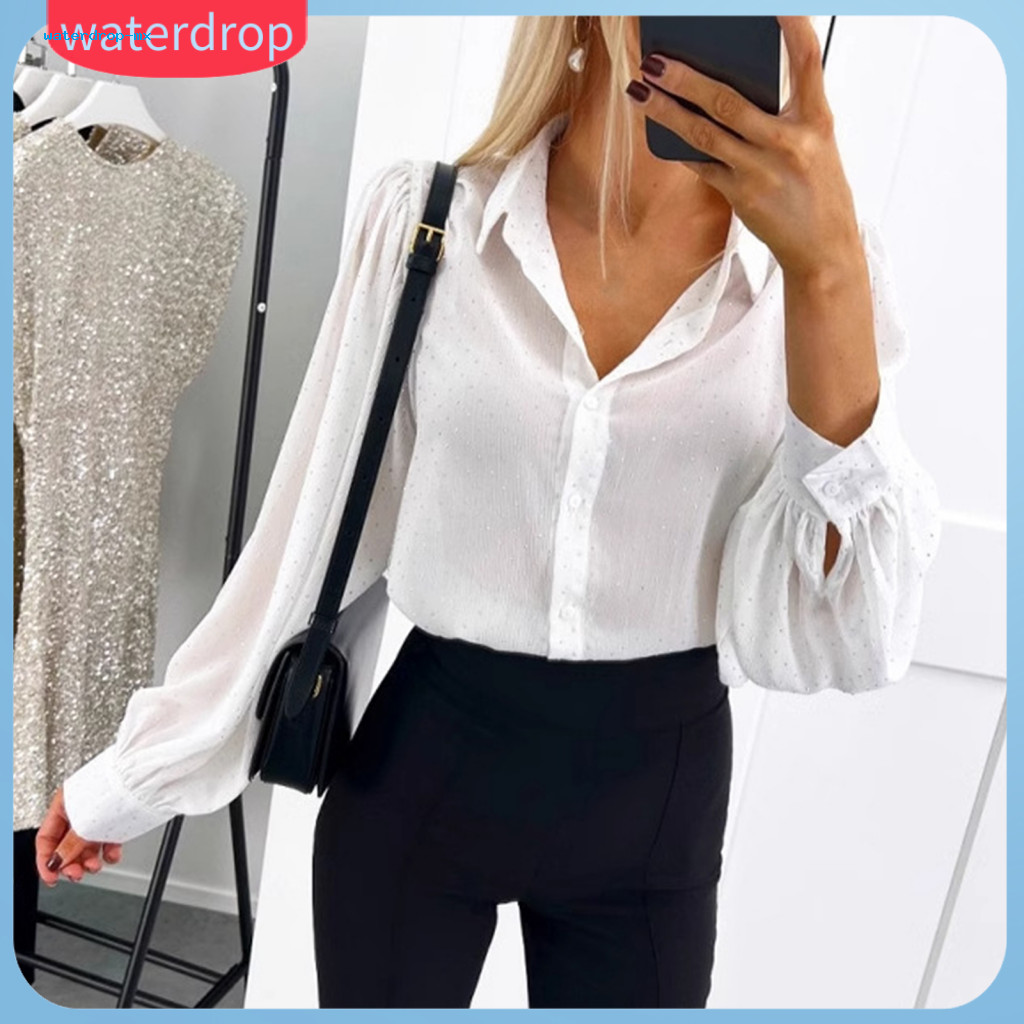 Women’s Casual Lantern Sleeve Shirt Loose Fit Long Lapel Blouse Single Breasted Tops for Daily Wear and Office Commuti