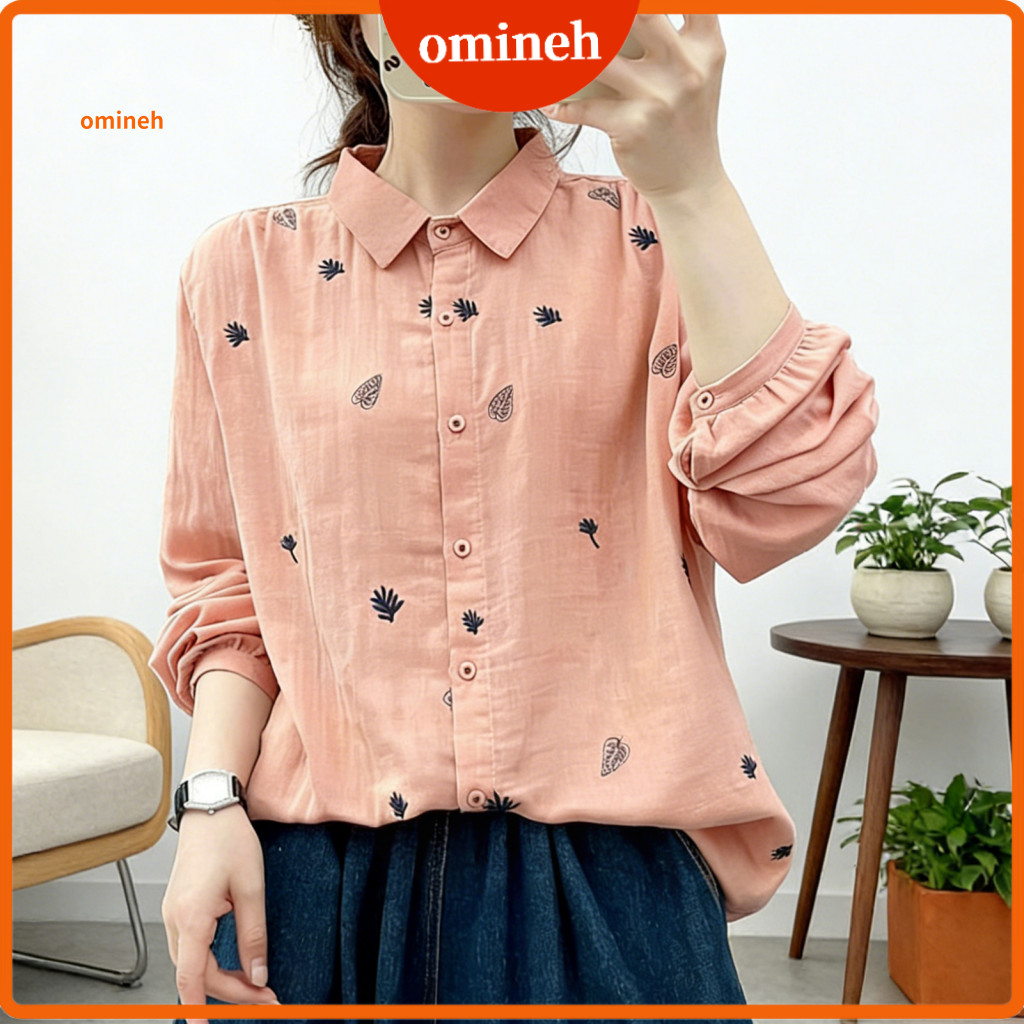 Skin-friendly Fabric Shirt Women Cotton Women’s Leaf Print Long Sleeve Lapel Blouse Loose Fit Single Breasted Top for