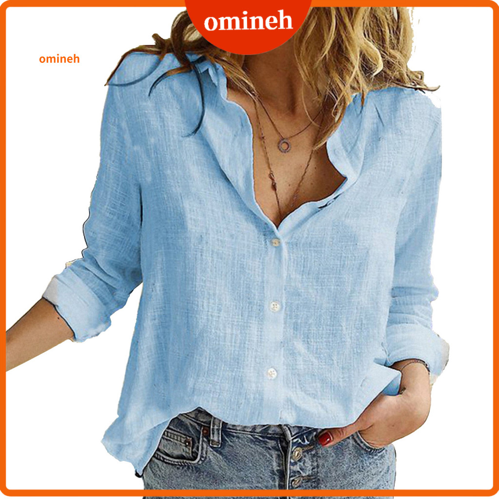 A-line Dress Shirt Women Linen Women’s Long Sleeve Lapel Breathable Moisture-wicking Office Blouse Loose Fit Button Pl