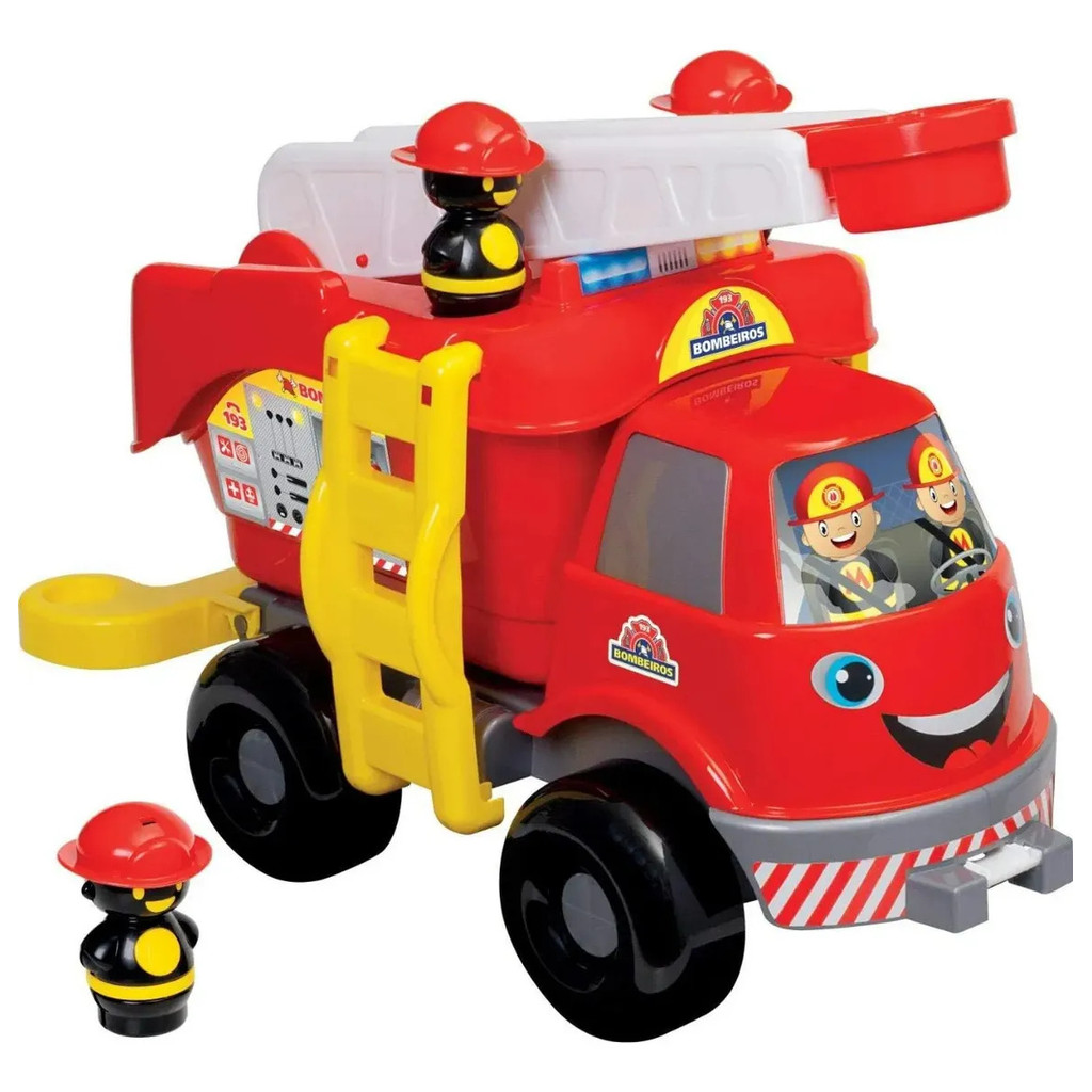 Caminhão Bombeiros Grande Com Som 2 Boneco e Escada 62cm