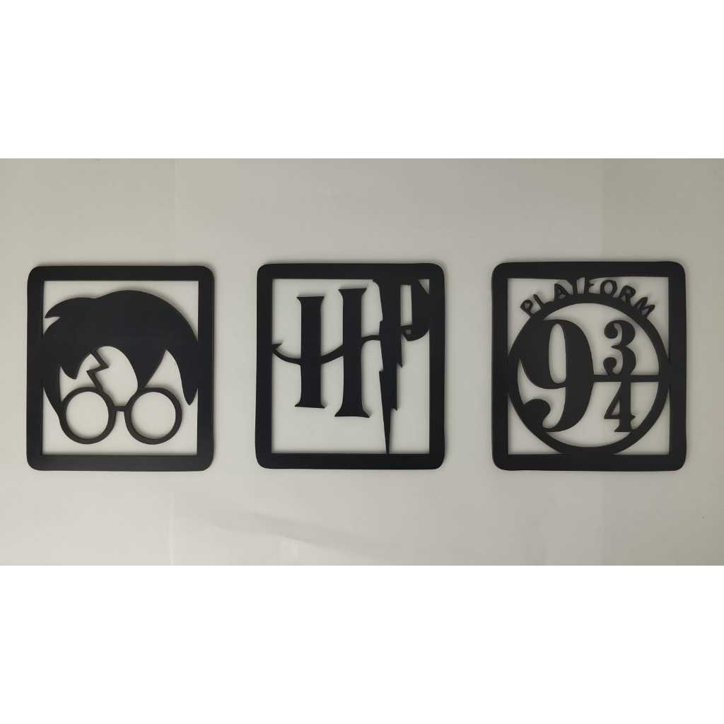 Kit 3 Quadros Harry Potter MDF Preto 3mm – Decoração Quarto Geek / Hogwarts / Plataforma 9 ¾