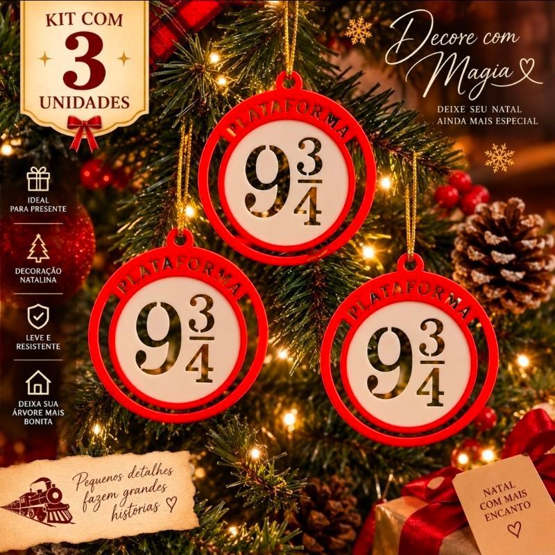 Kit 3 Enfeites Plataforma 9 3/4 Árvore de Natal Decoração Natalina Tema Bruxo Presente Geek Ornamento Natalino