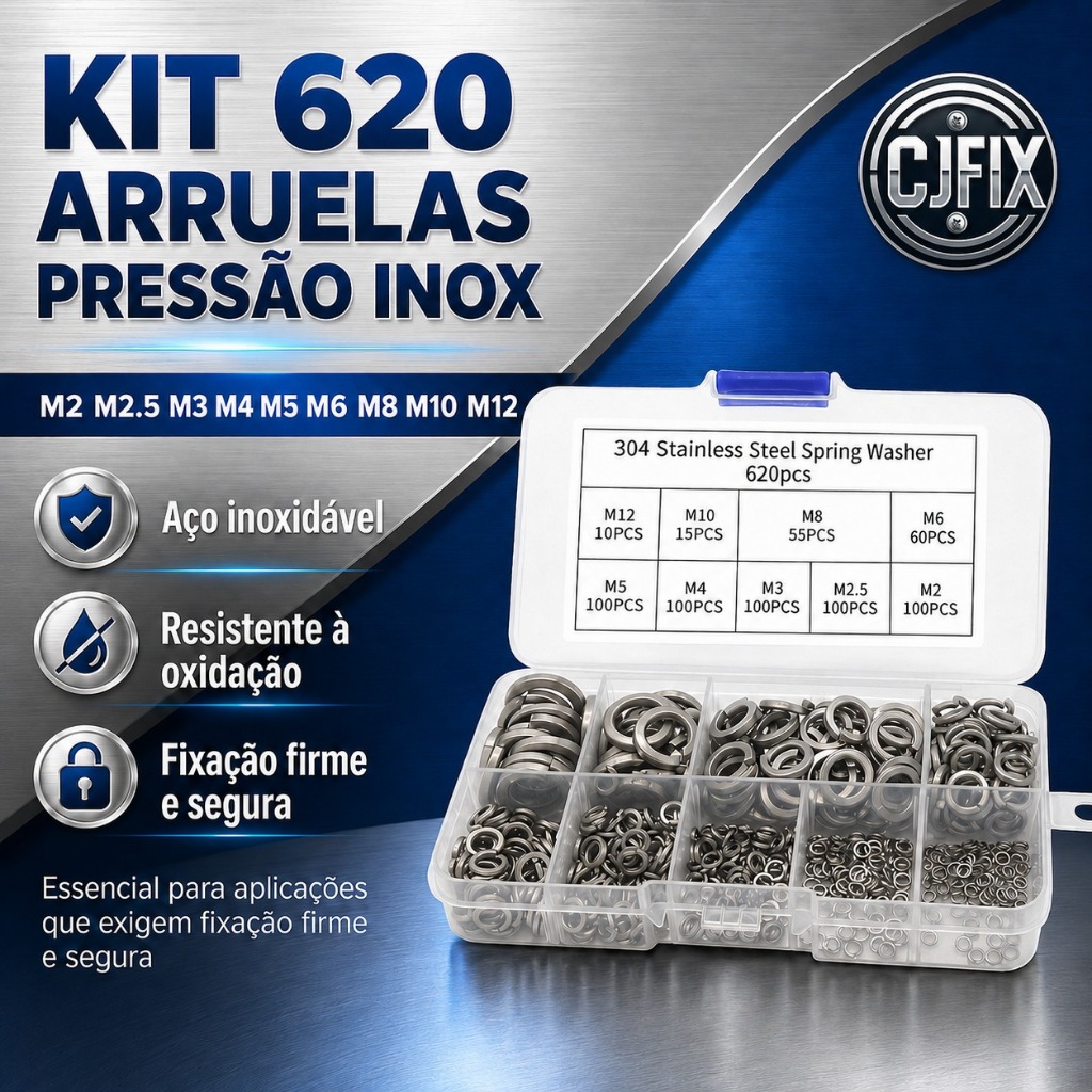 KIT 620 ARRUELAS PRESSAO INOX M2 M2.5 M3 M4 M5 M6 M8 M10 M12
