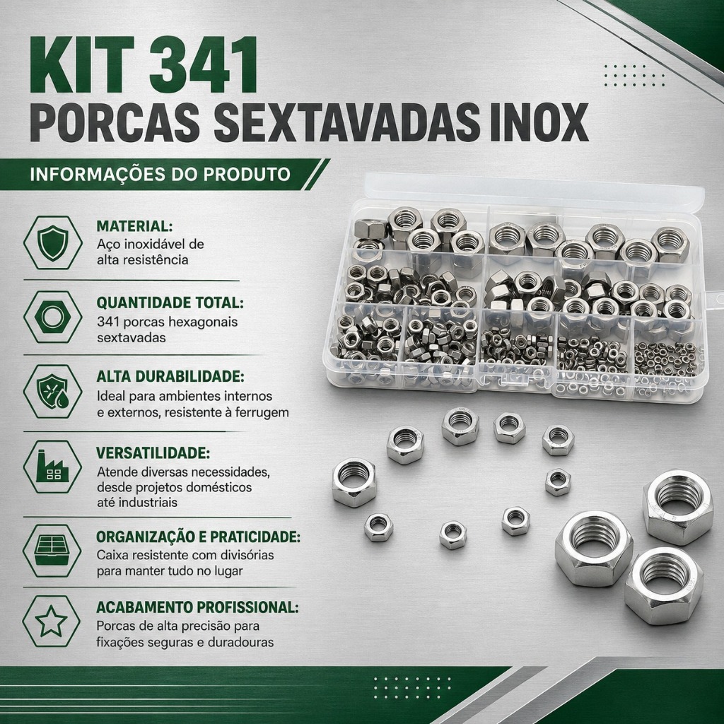 KIT 341 PORCAS SEXTAVADA AÇO INOX M2 M2.5 M3 M4 M5 M6 M8 M10 M12
