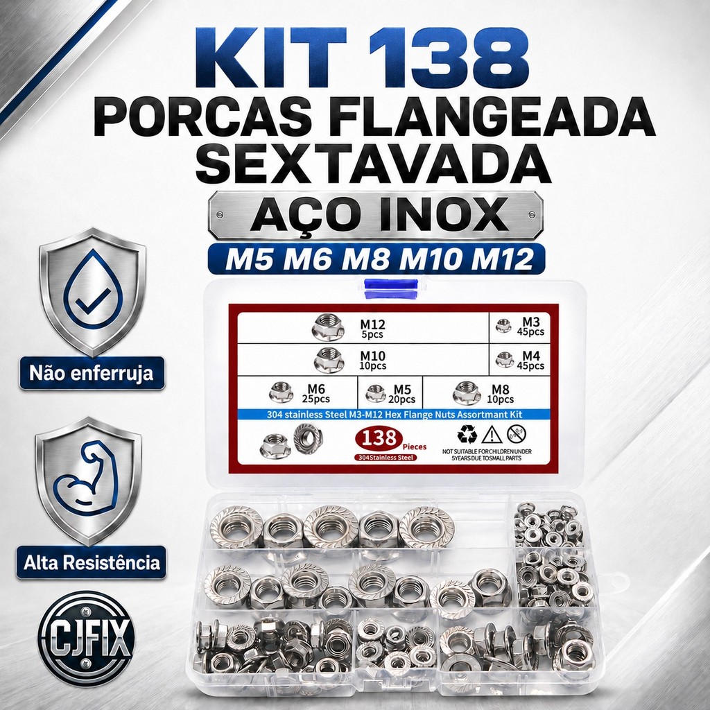 KIT 138 PORCAS FLANGEADA SEXTAVADA AÇO INOX M5 M6 M8 M10 M12