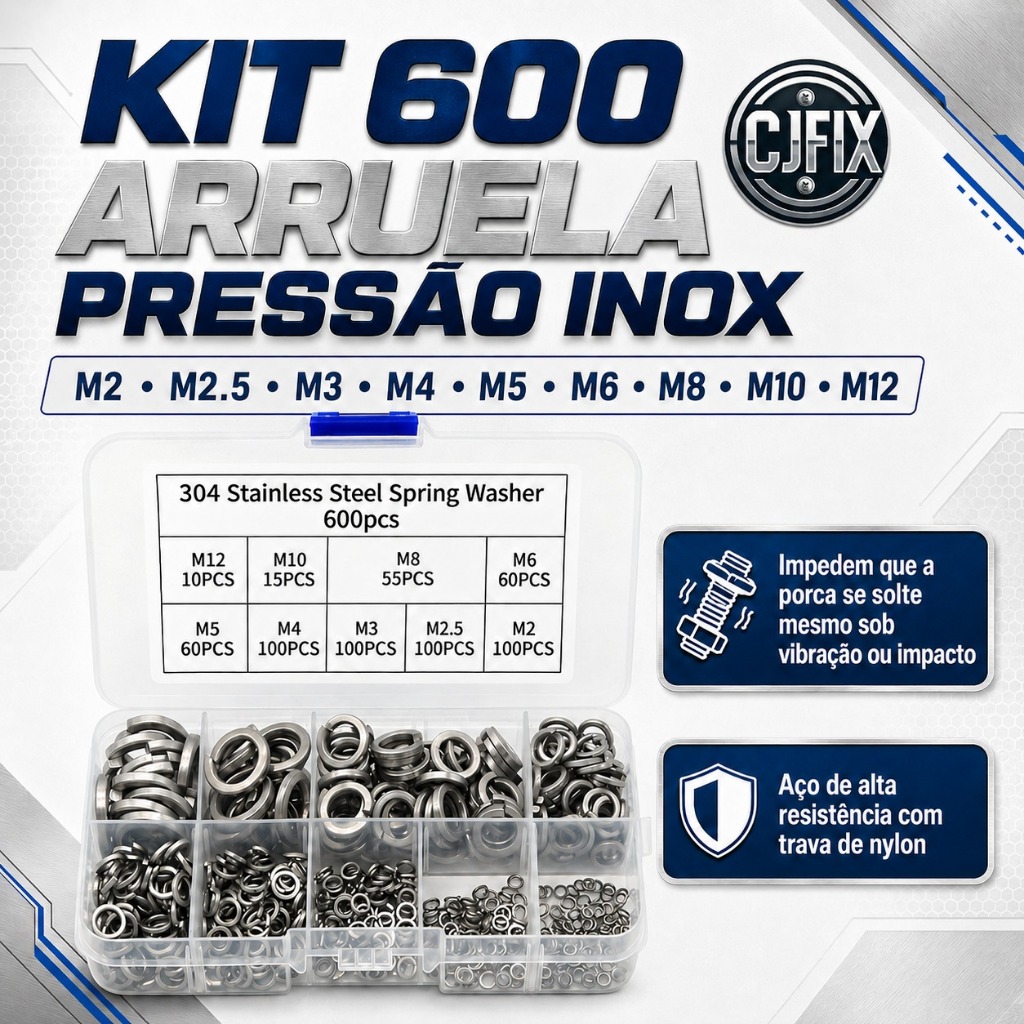 KIT 600 ARRUELAS PRESSAO INOX M2 M2.5 M3 M4 M5 M6 M8 M10 M12