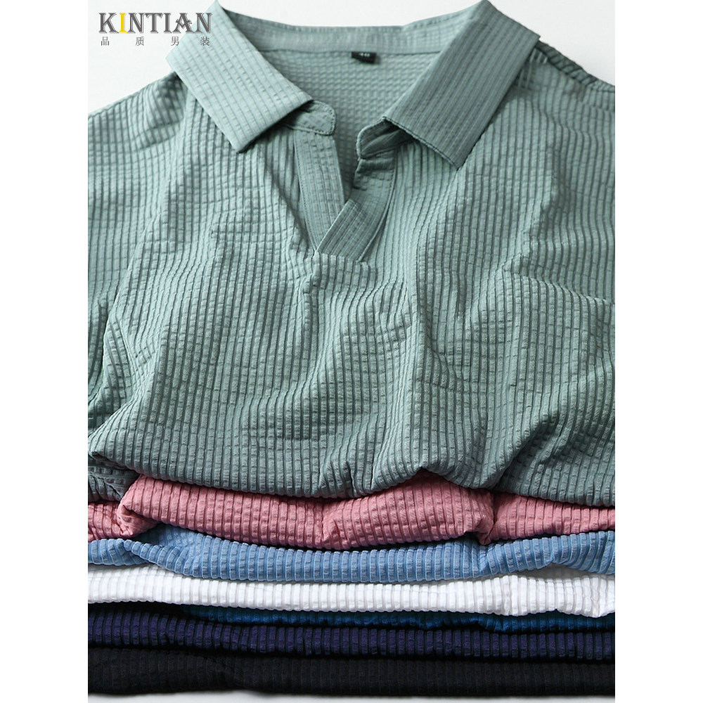 Verão High-End lapela camisa polo masculina de manga curta gelo seda estiramento Seersucker não-ferro estiramento de man