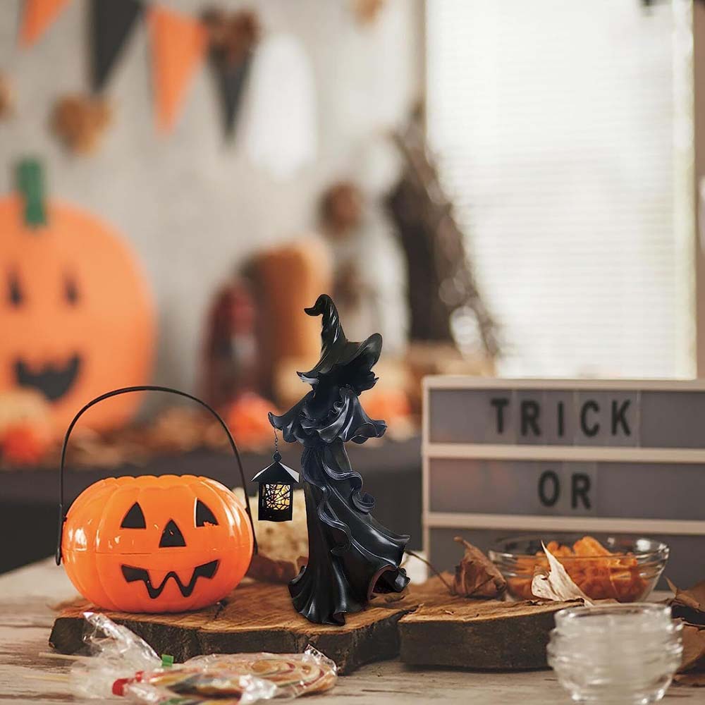 Halloween Faceless Witch Holding Lantern Resin Ornament Spooky Witch Sculpture for Home Decor