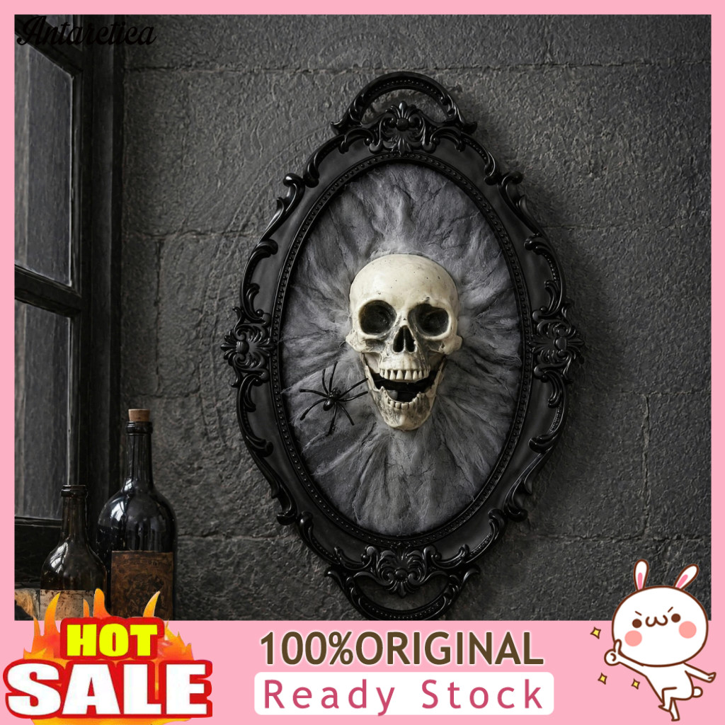 Realistic 3d Skull Decor Wall Art Halloween with Rose Spider Web Vintage Frame Sculpture Spooky Party Ornament for