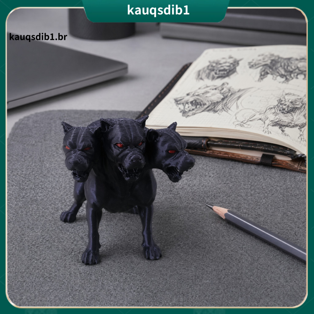 Wear-resistant Dog Figurine Three-headed Ornament 3d Printed Black – Mythical Creature Sculpture for Home Office Books