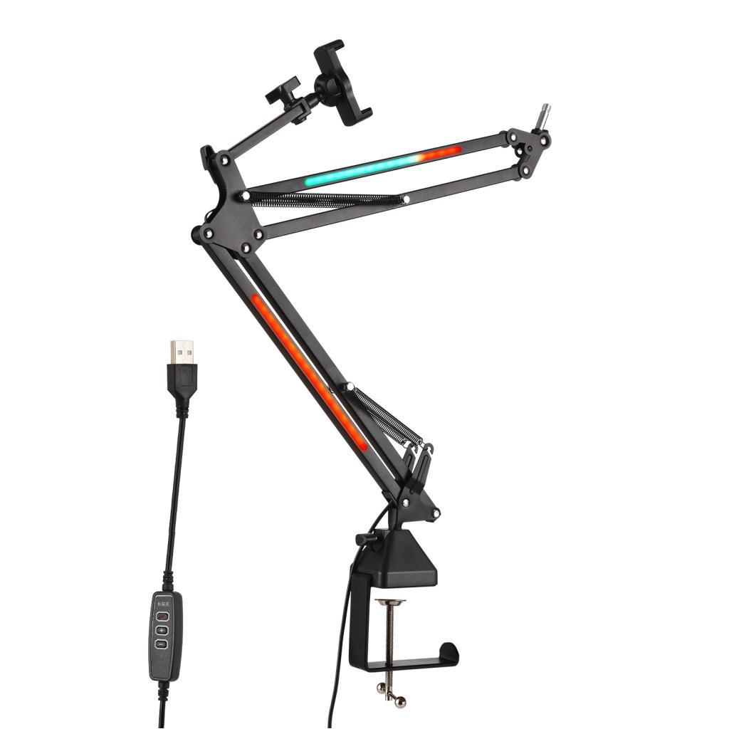 HUIOP Microfone Suporte Boom Arm com Telefone 120 RGB LED Contas Brilho ajustável Proteção contra vibração Microfone de